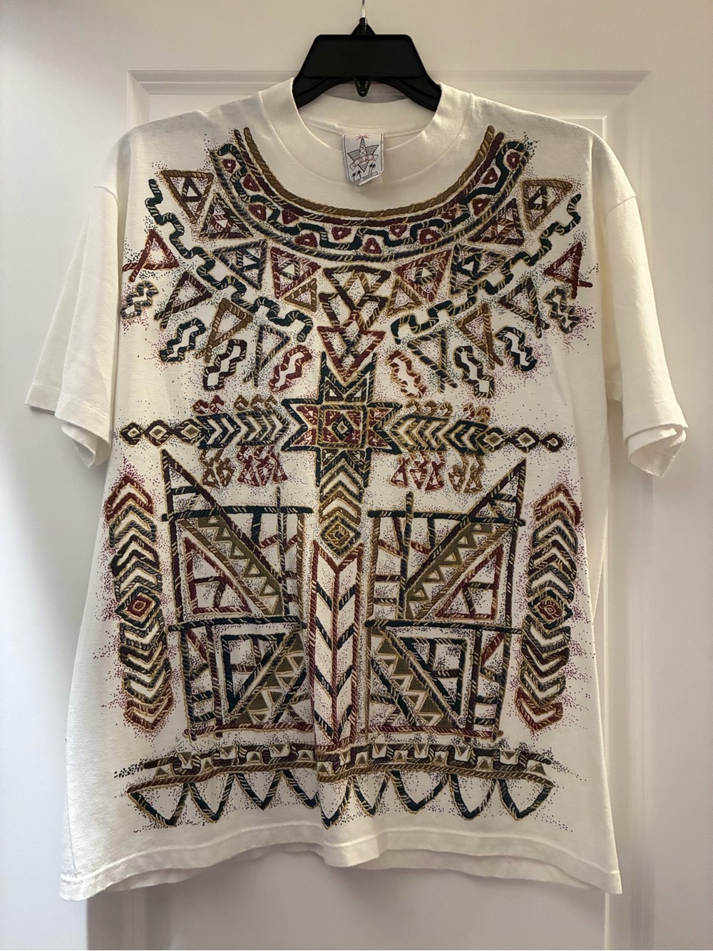 Vintage Tee Women's Cream Short Sleeve Tee with Tribal Geometric Print